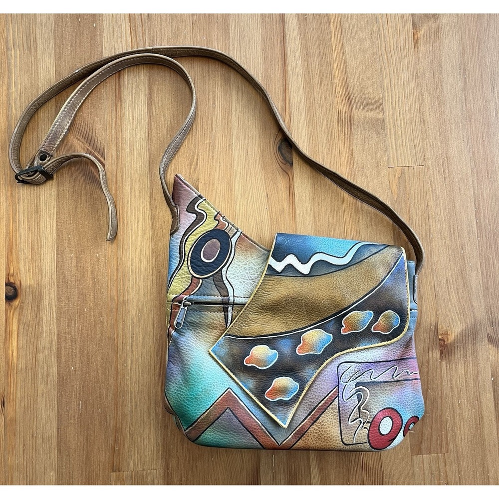 Anuschka Purse Handbag Leather Hand Painted Boho Art To Wear Abstract Funky